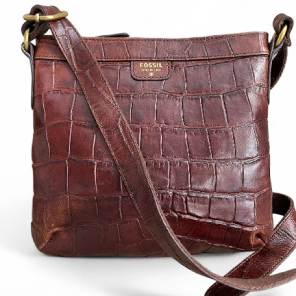 Fossil Vintage Dark Brown Croc-Embossed Leather Crossbody Bag
